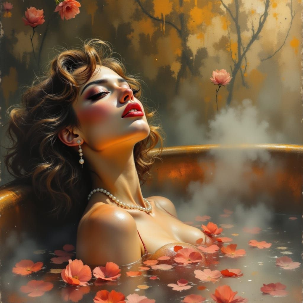 Elegant Woman in Copper Tub with Rose Petals