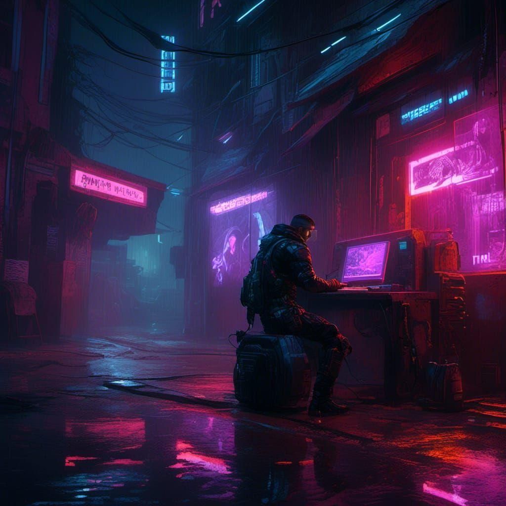 Cyberpunk Net Runner's Hard Life in Hyperrealistic Style