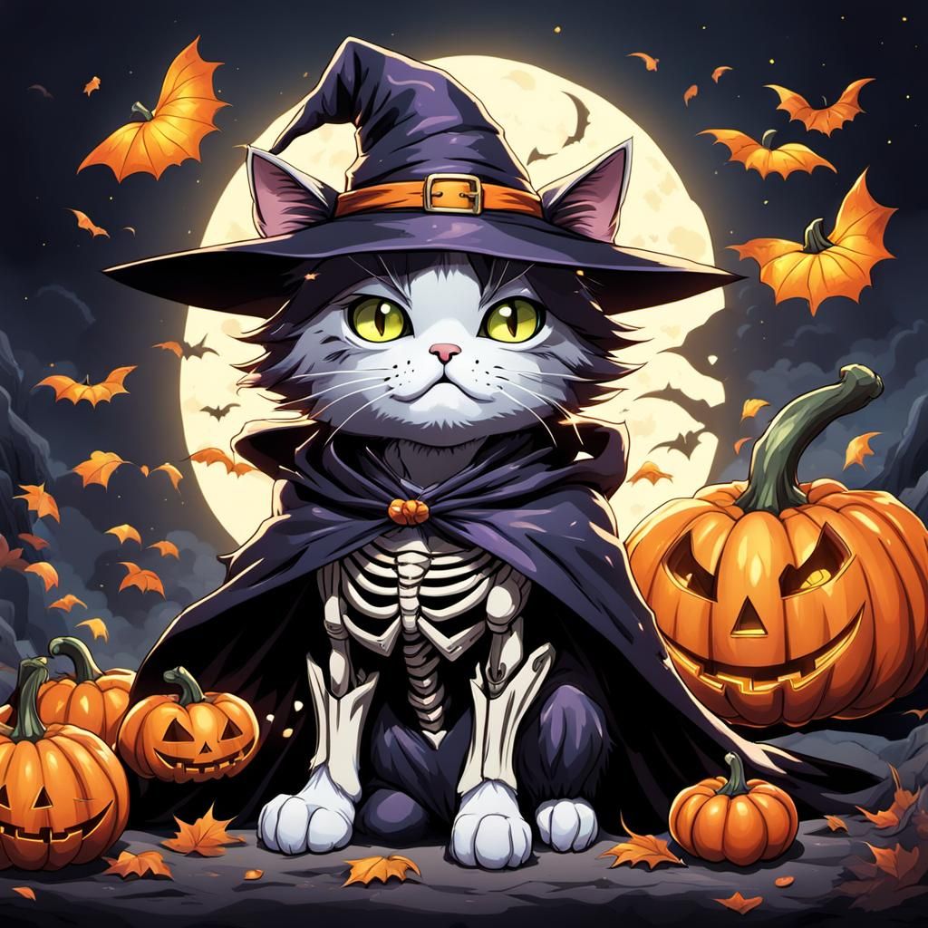Baby Witch Cat with Pumpkin Skeleton in Anime Style