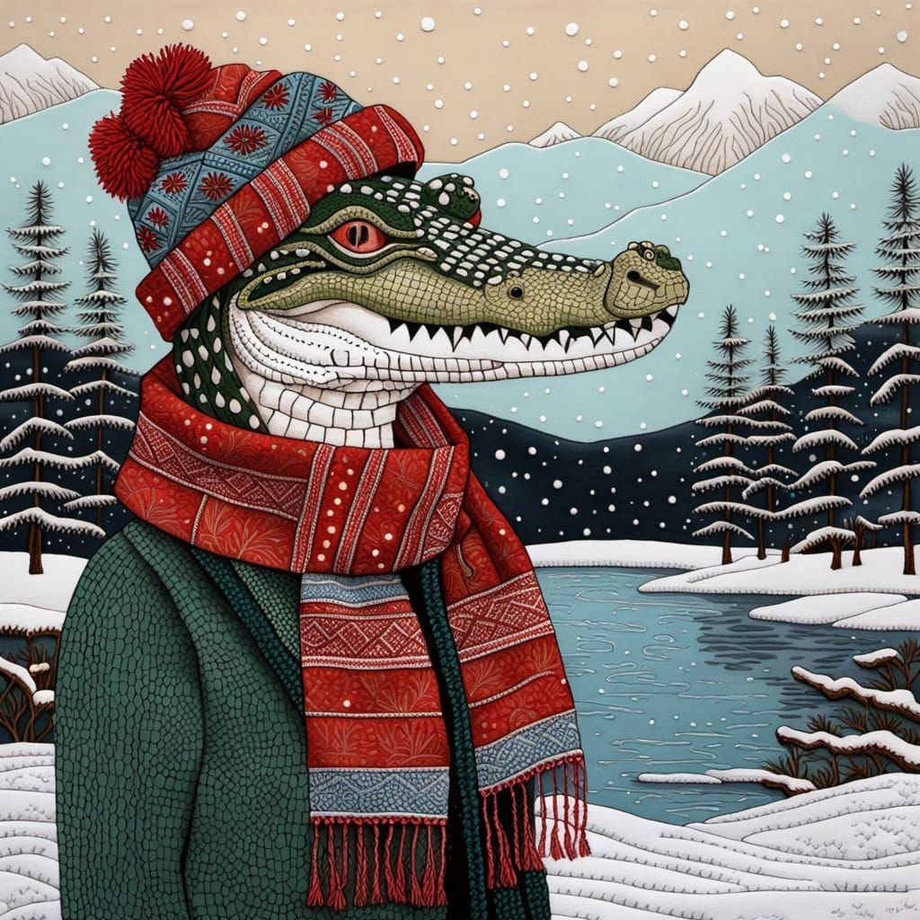 Whimsical Crocodile in Snowy Folk Art Style