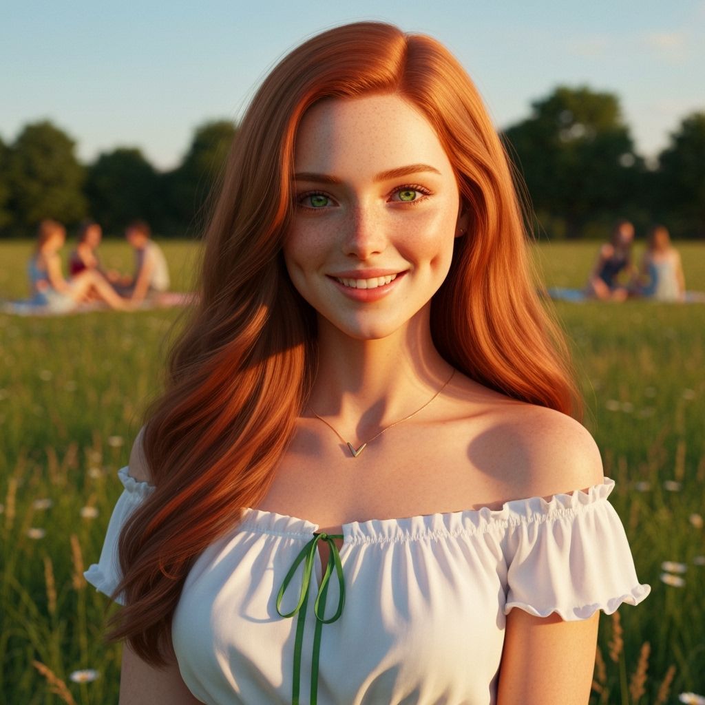 Hyperrealistic Portrait of Auburn-Haired Woman in Sunlit Mea...