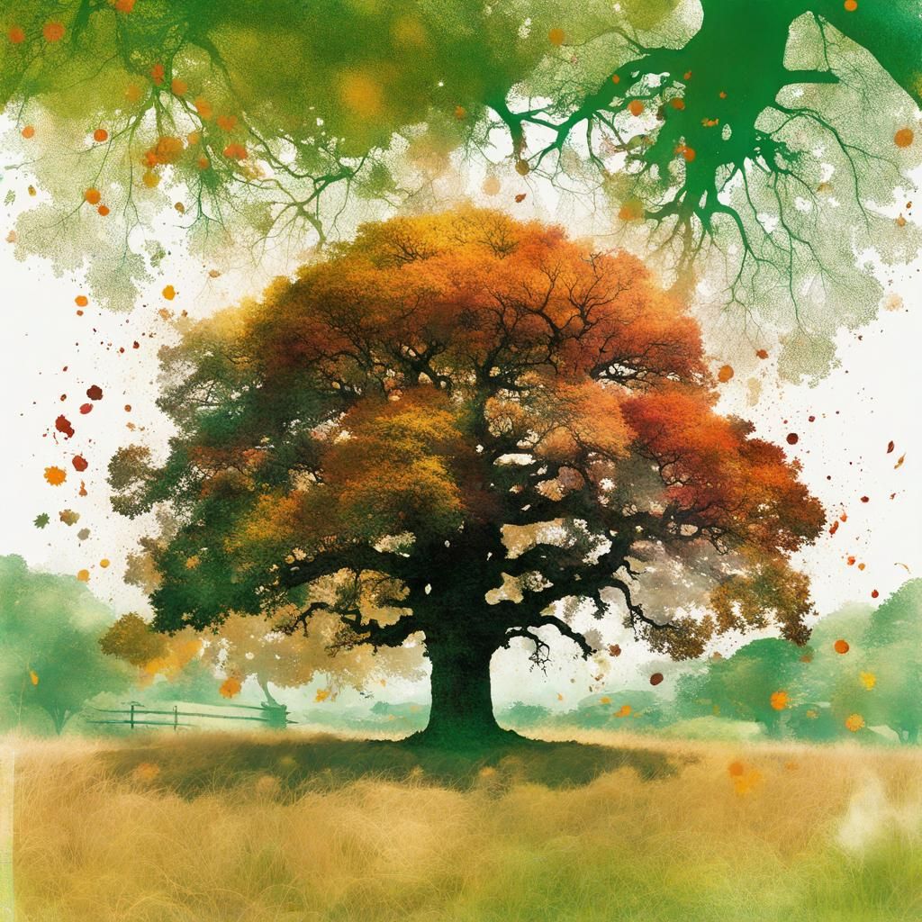 Autumn Oak Double Exposure in Digital Art Style