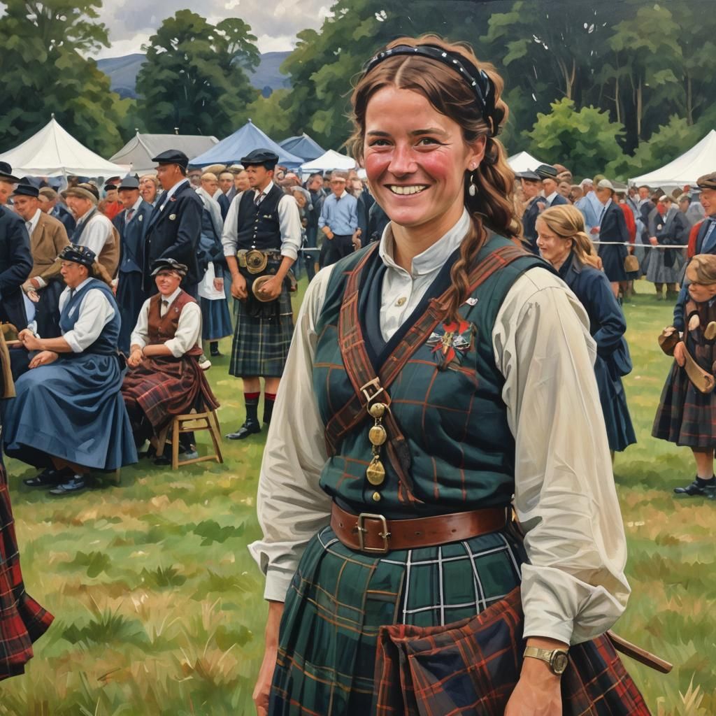 A Scotswoman in traditional dress at the highland games, shy...