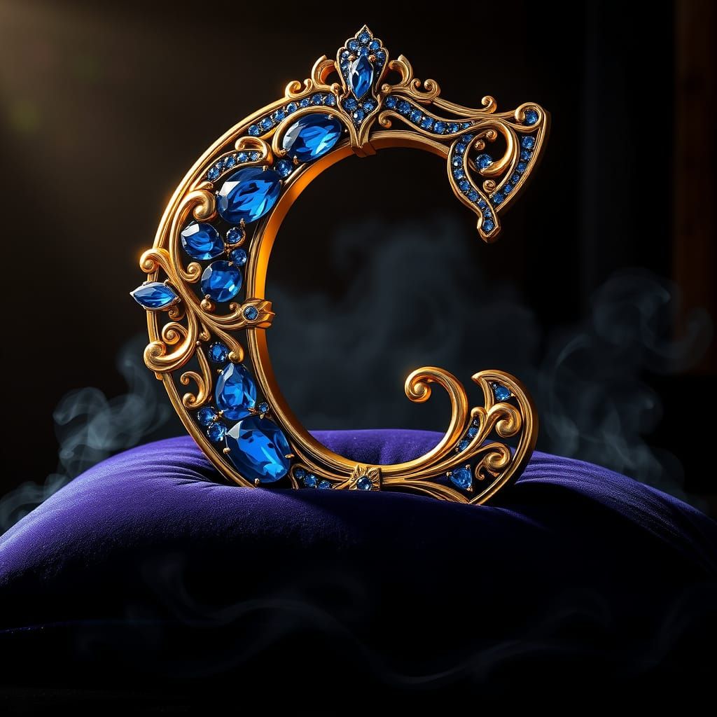 Majestic Letter C Adorned With Sapphires And Gold Filigree
