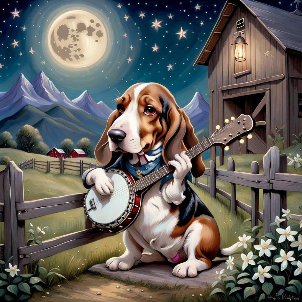 Basset Hound's Banjo Serenade Under Glittering Stars