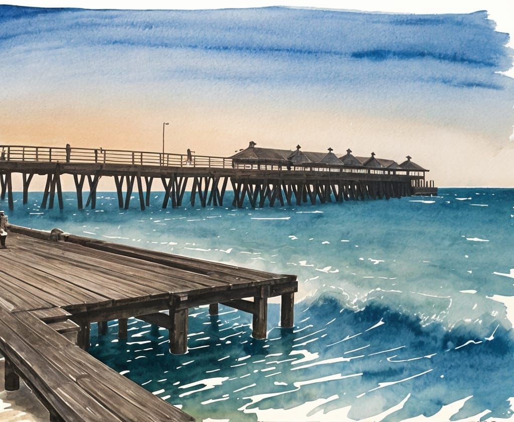 Watercolour Painting of Fishermen on a Pier
