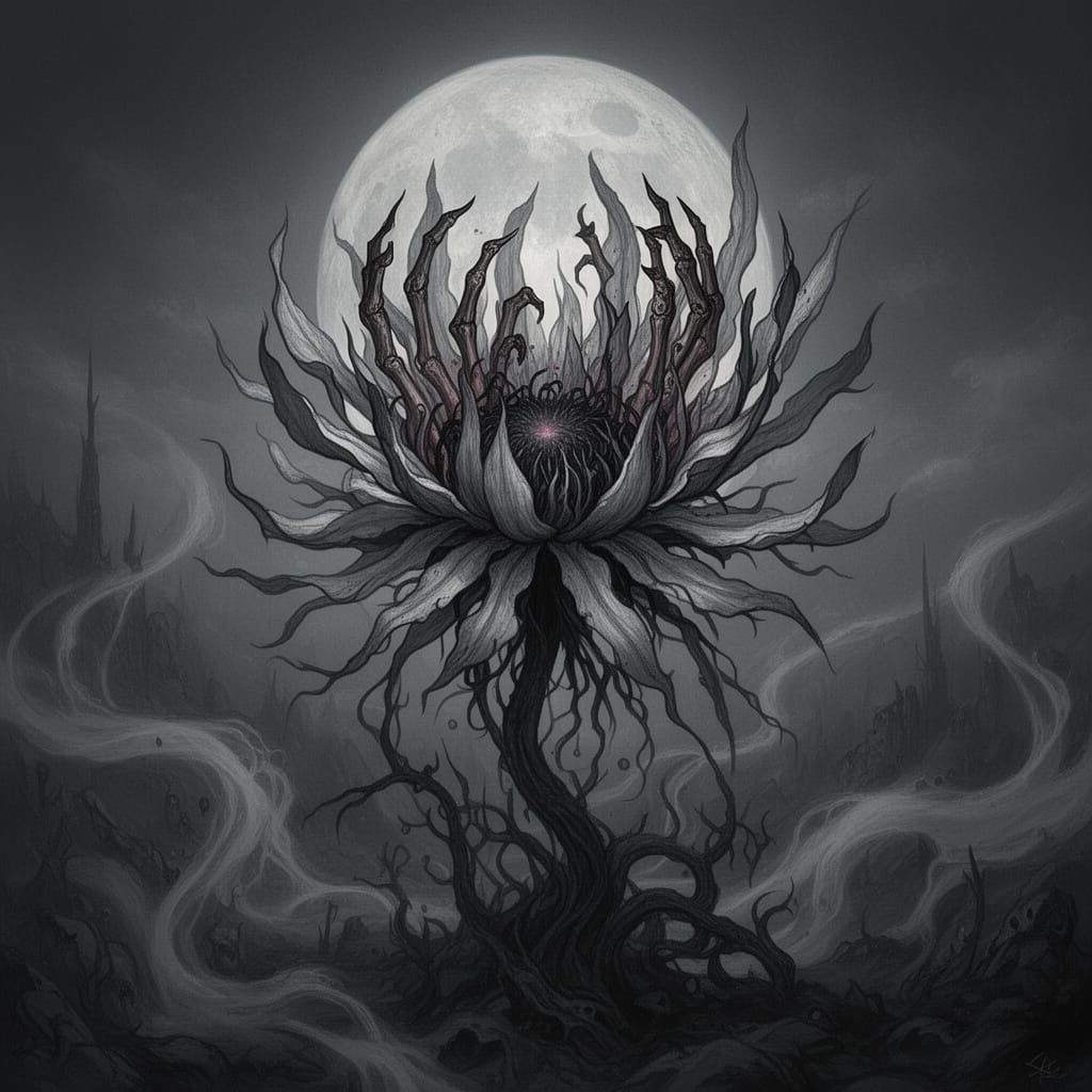 Macabre Death Flower in Moonlit Gothic Landscape