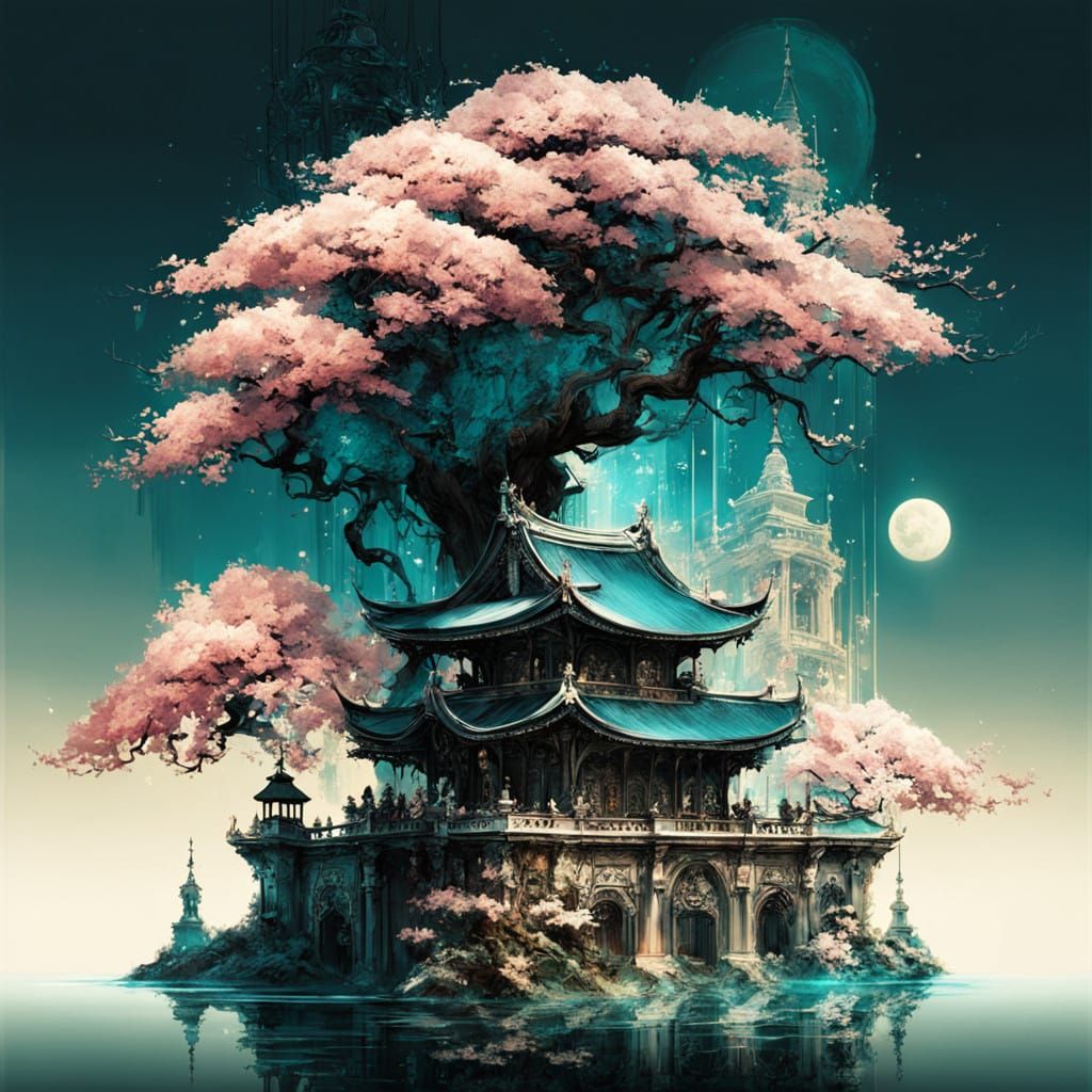 Ethereal Terrarium Scene with Sakura Tree and Japanese Landm...