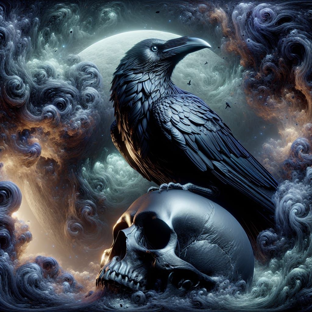 Raven on Skull Against Tumultuous Sky