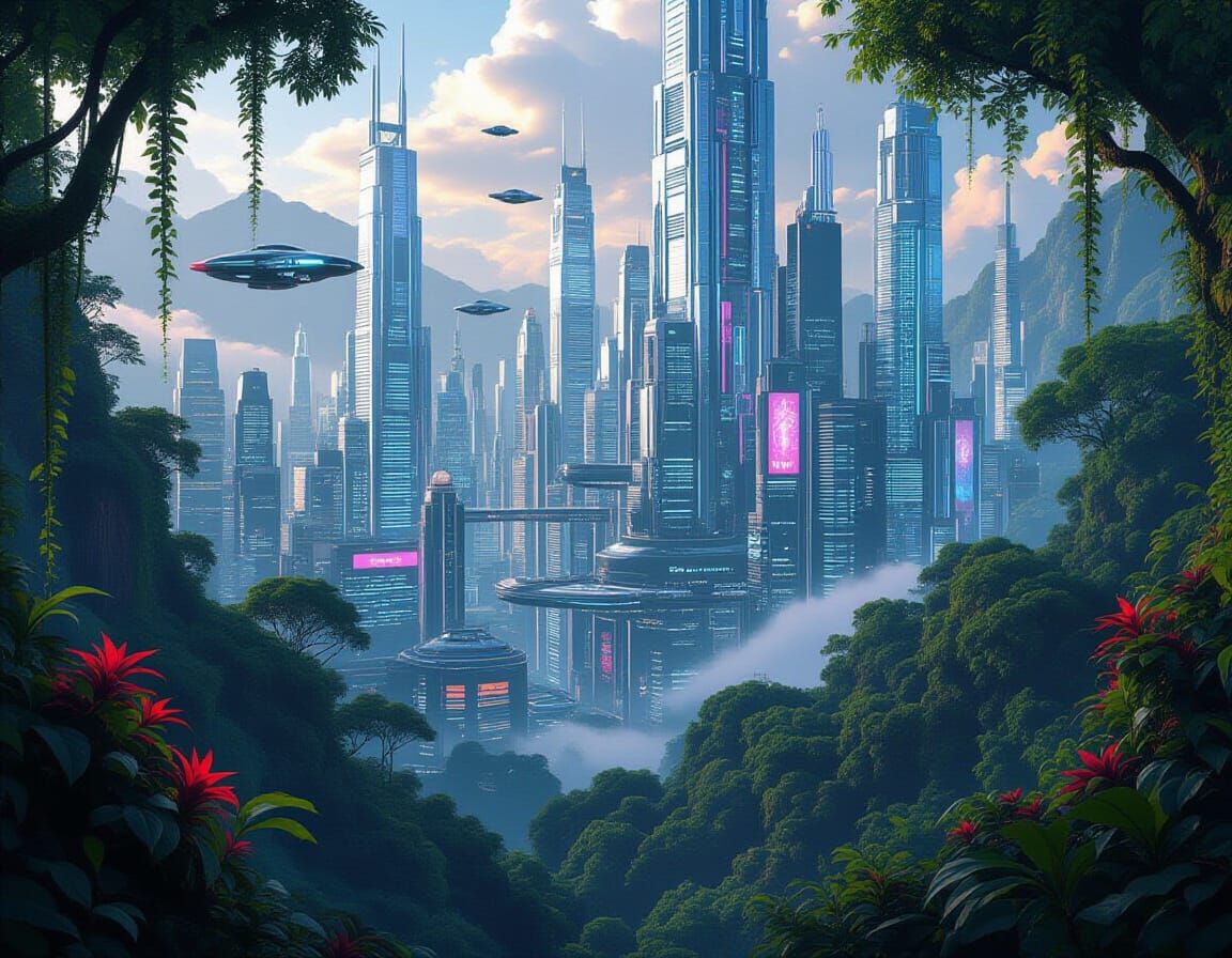 Futuristic City Merged With Lush Jungle Landscape