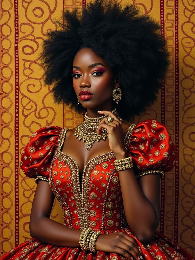 Regal African Queen Portrait in Kehinde Wiley Style