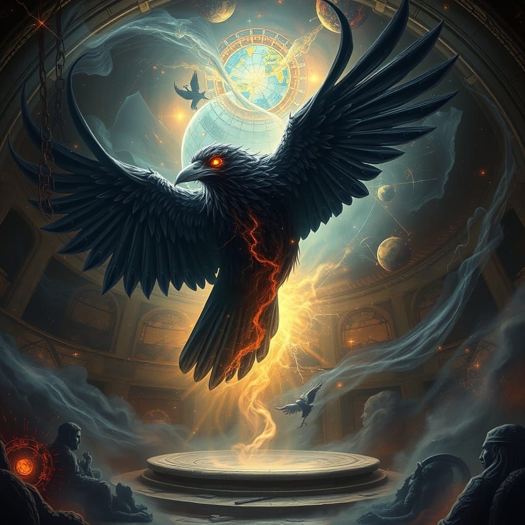 Cosmic Raven in Ancient Observatory, Dark Fantasy Style