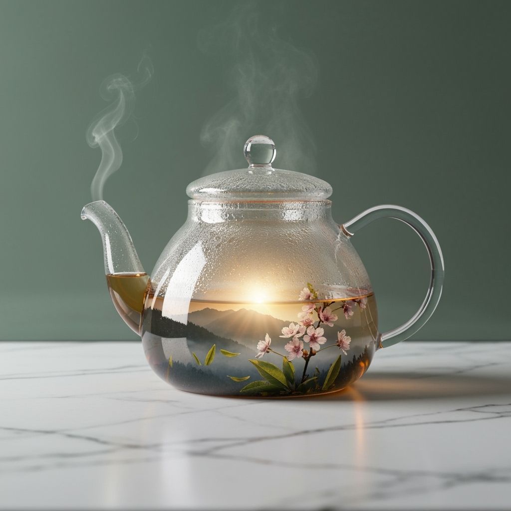 Ethereal Teapot with Mountain and Blossom Scene