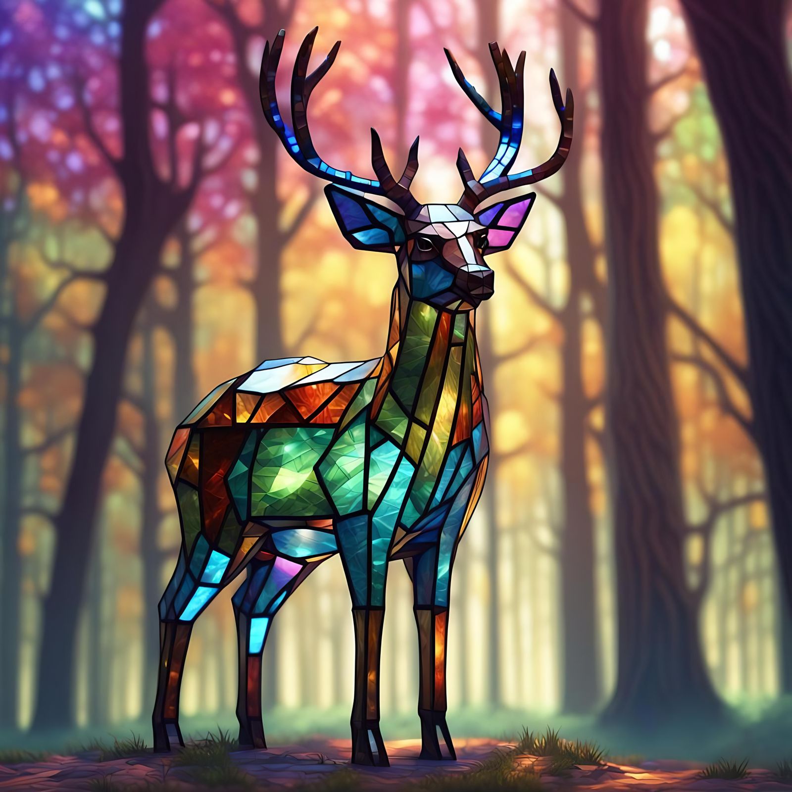 Stained Glass Deer in Forest, 3D Digital Art