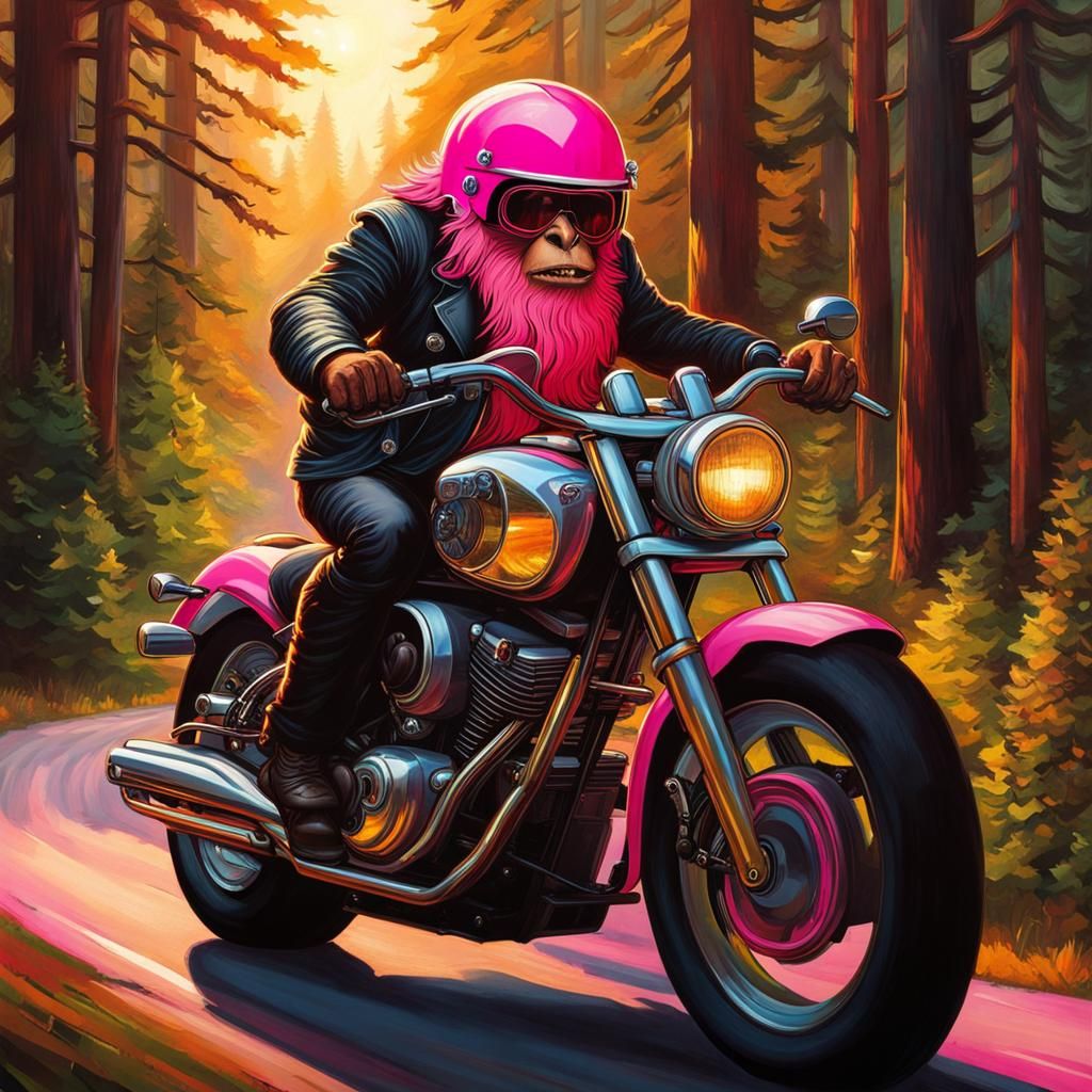 Sasquatch on Motorcycle: Hyperdetailed Biopunk Action Painti...