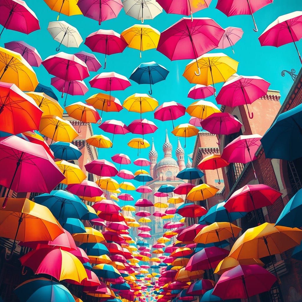 Surreal Cityscape with Colorful Umbrellas Reaching for the S...