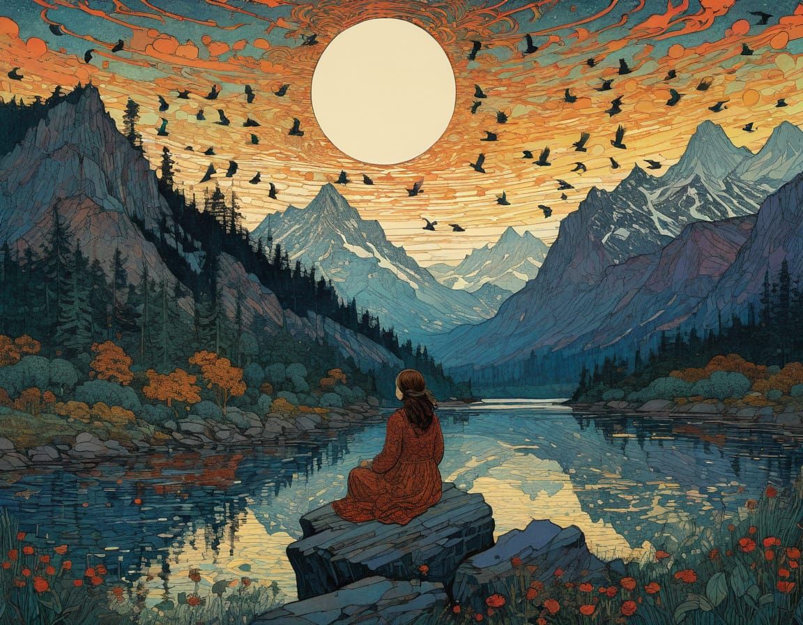 Woman Flying With Birds in Stylized Art