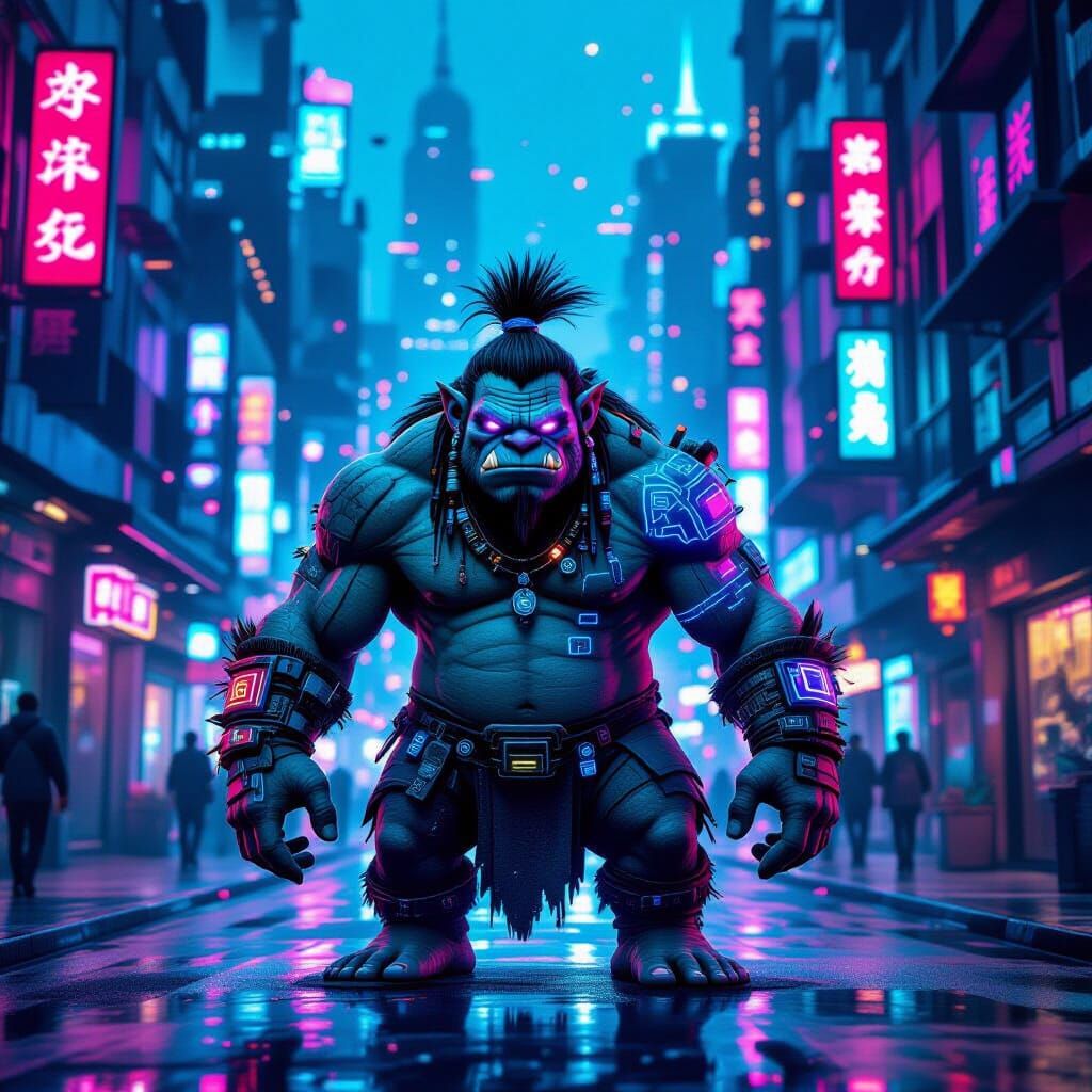Cyberpunk Troll in Neon City as Digital Gouache Art