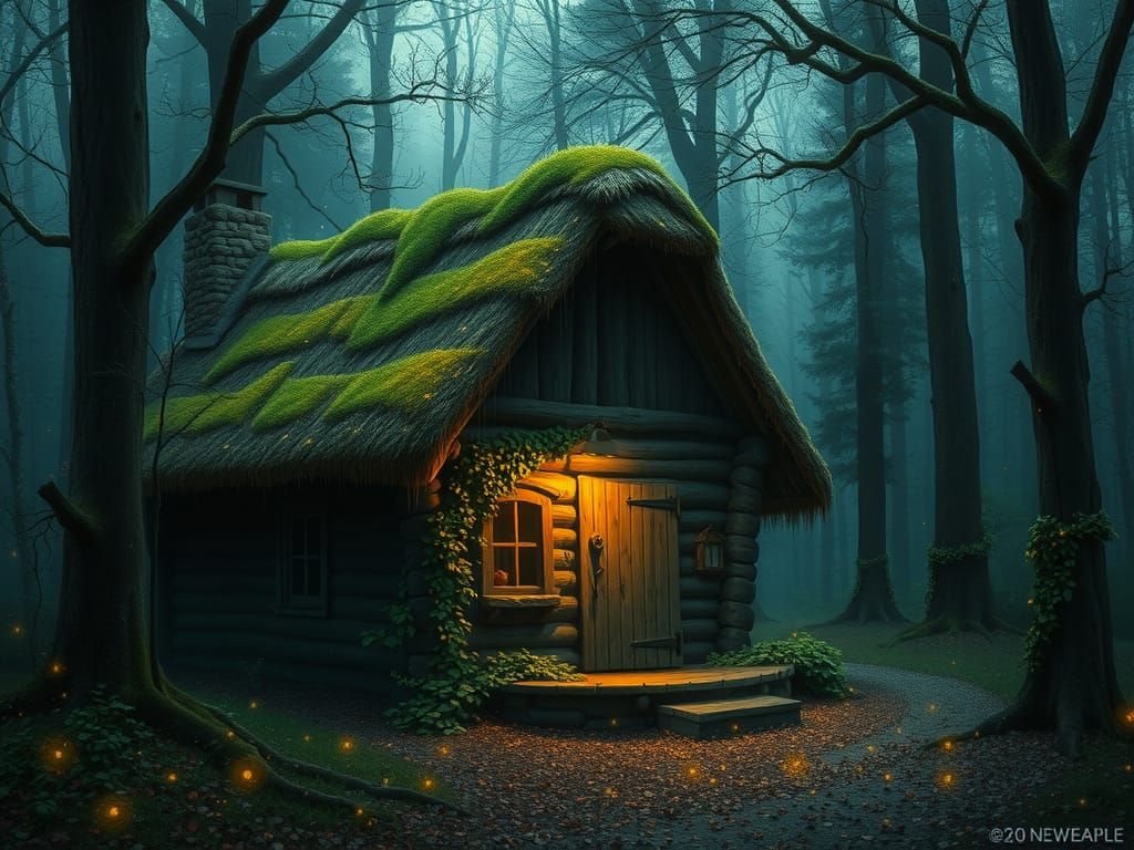 Medieval Cabin in Forest, Pointillist Style