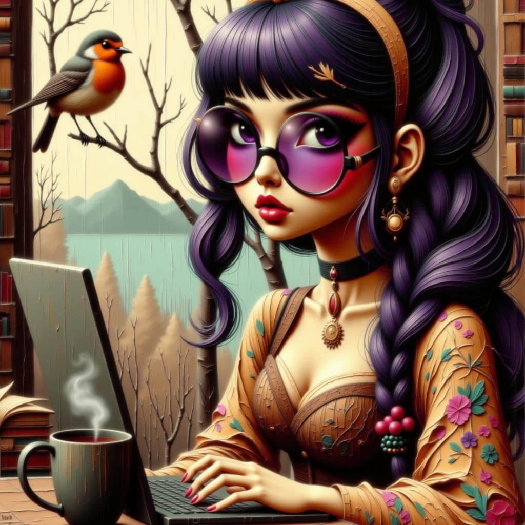 Young Woman with Purple Hair Studying, Retro Scholar Aesthet...