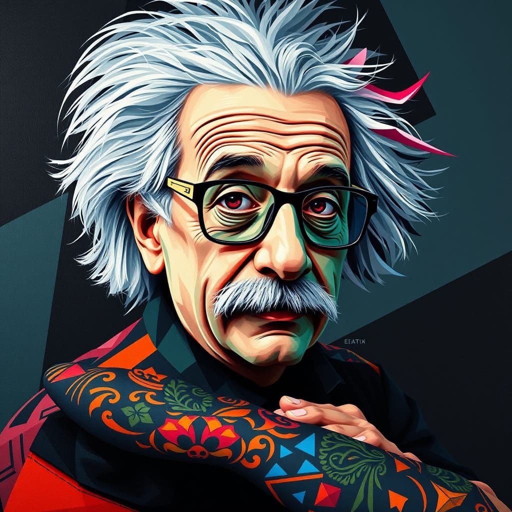 Emo Albert Einstein with Geometric Tattoo and Bold Glasses