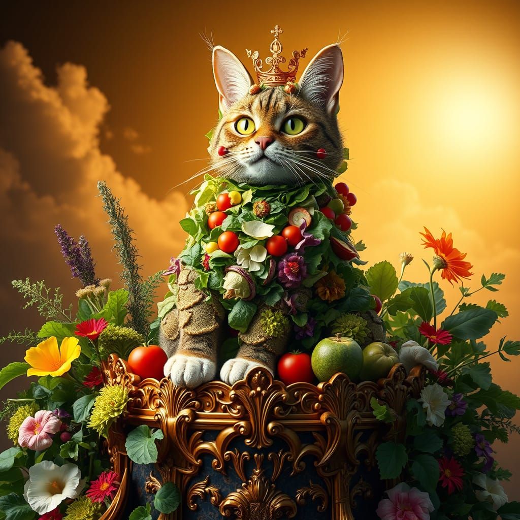 Regal Salad Cat in Whimsical Fantasy Realm