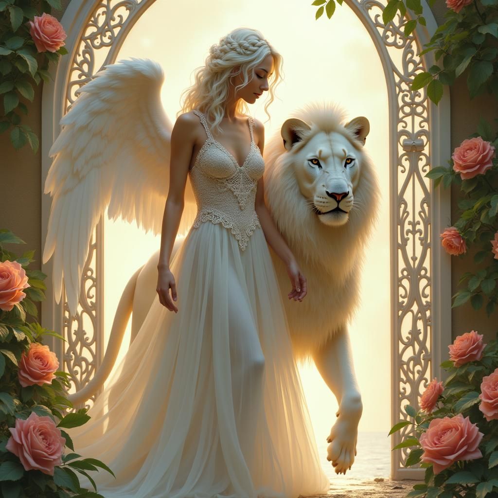 Angel and Lion in Ethereal Rose Garden