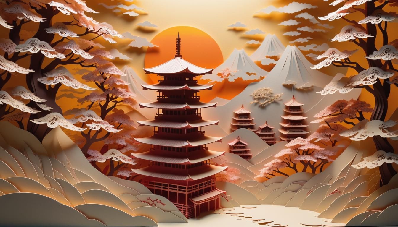 Dramatic Kirigami Pagoda with Sunrise, Double Exposure Style