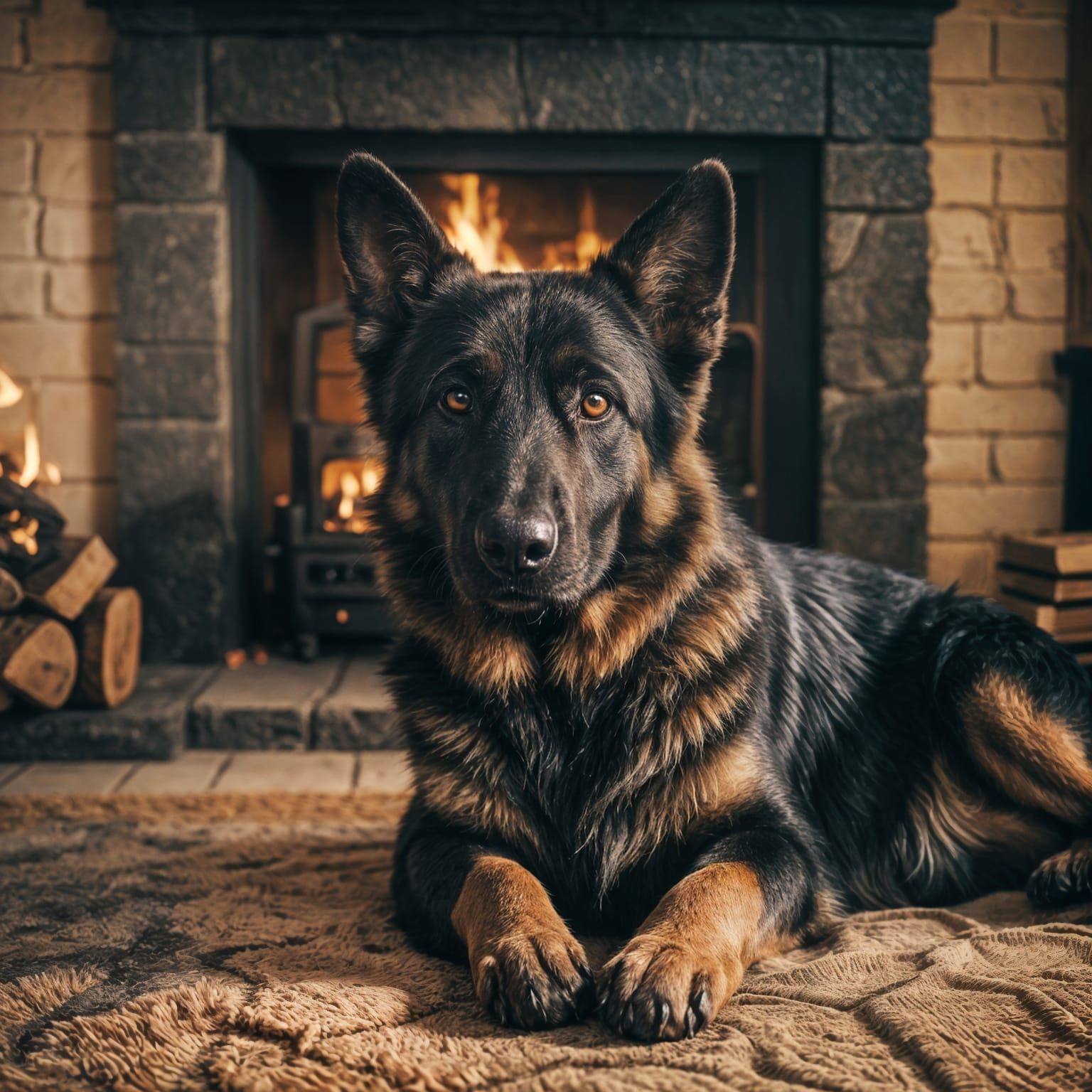 Cozy German Shepherd by Fireplace: Cinematic Still