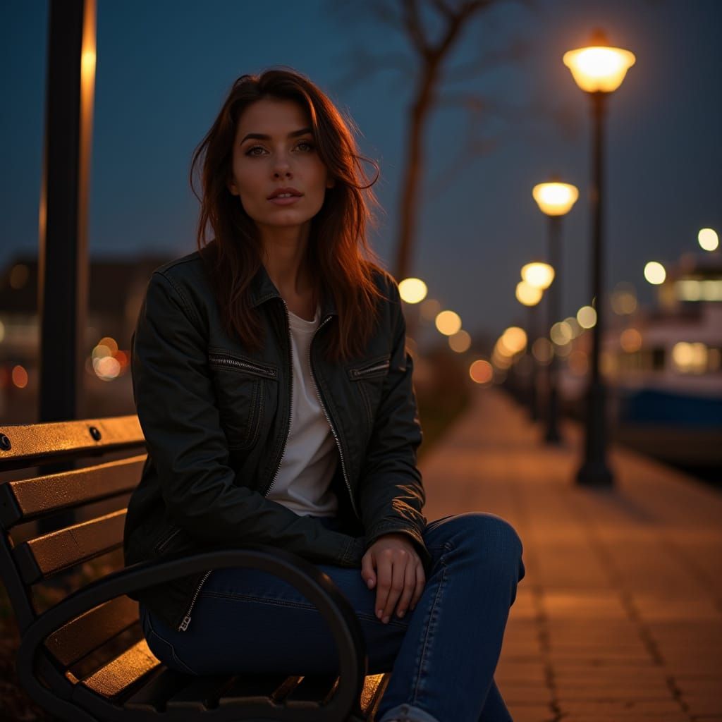 Realistic Photo: Woman on Park Bench Near Harbor at Midnight