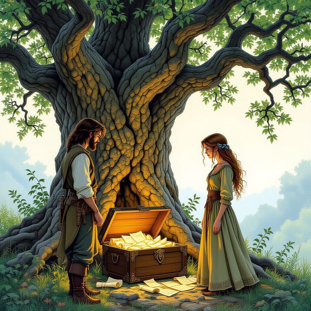Mystical Chest Under Ancient Oak, Dreamlike Illustration