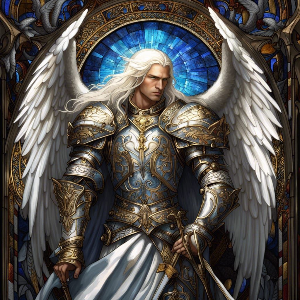 Gothic Angel Knight in Stained Glass Style