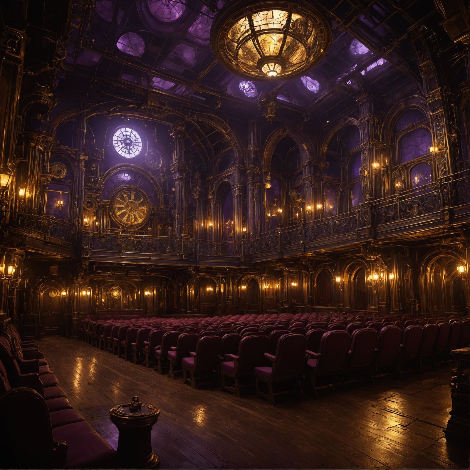 Steampunk Theater Interior at Night in Dark Fantasy Style