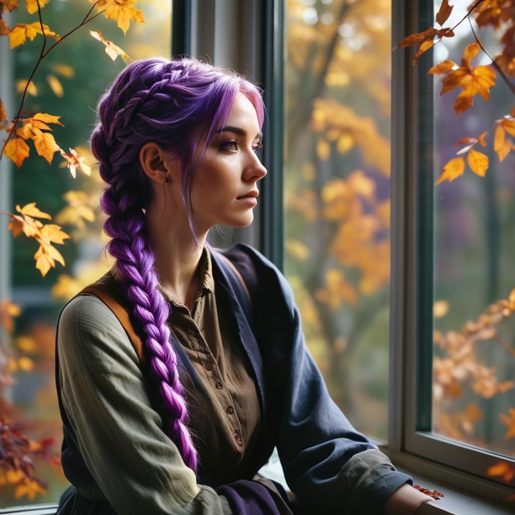Purple-Haired Woman in Autumnal Film Still