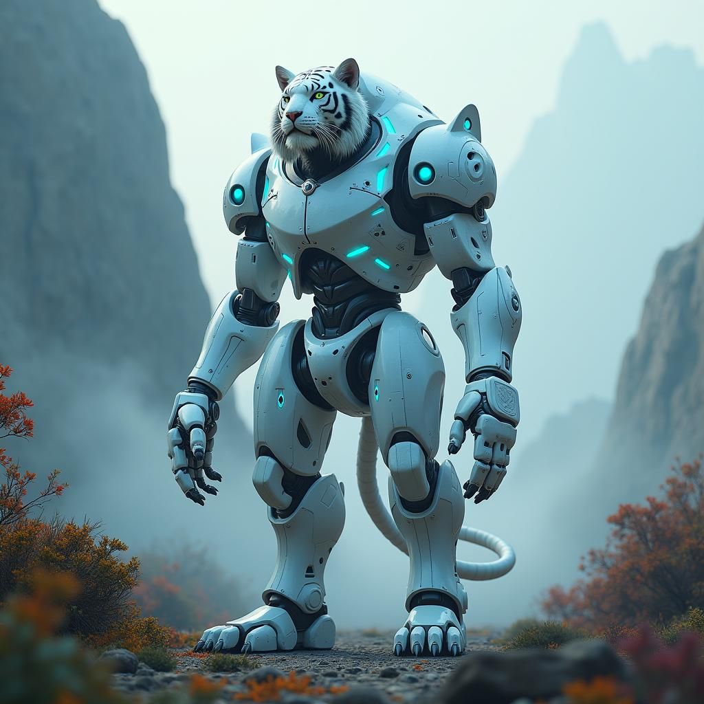 Majestic White Tiger Robot in Mystical Landscape