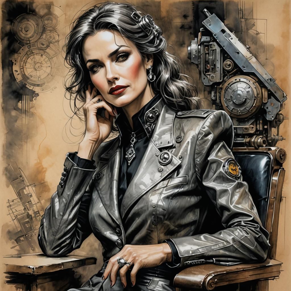 Attractive French Woman in Retro-Futurist Oil Painting