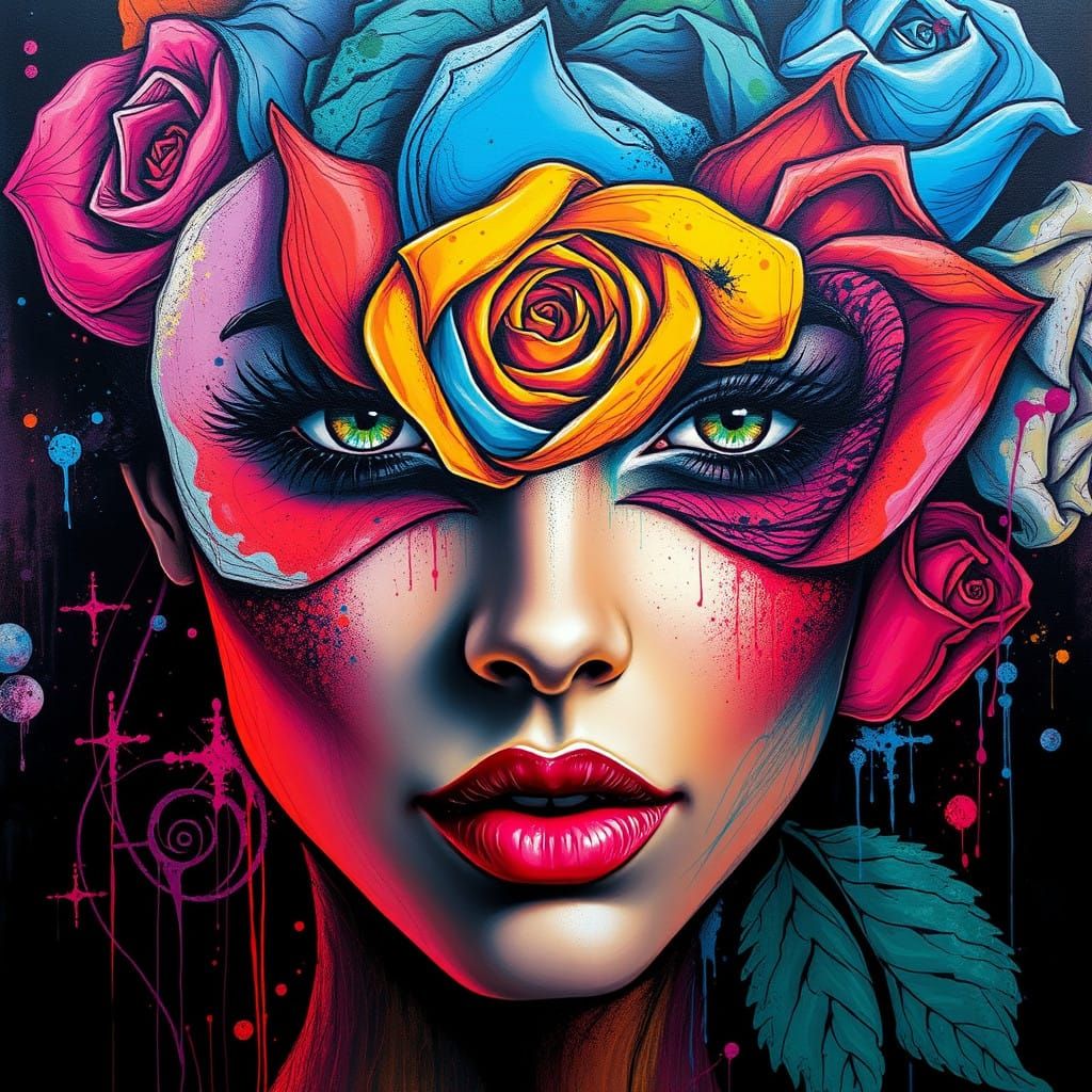 Vibrant Woman's Face in Intricate Graffiti Art Style