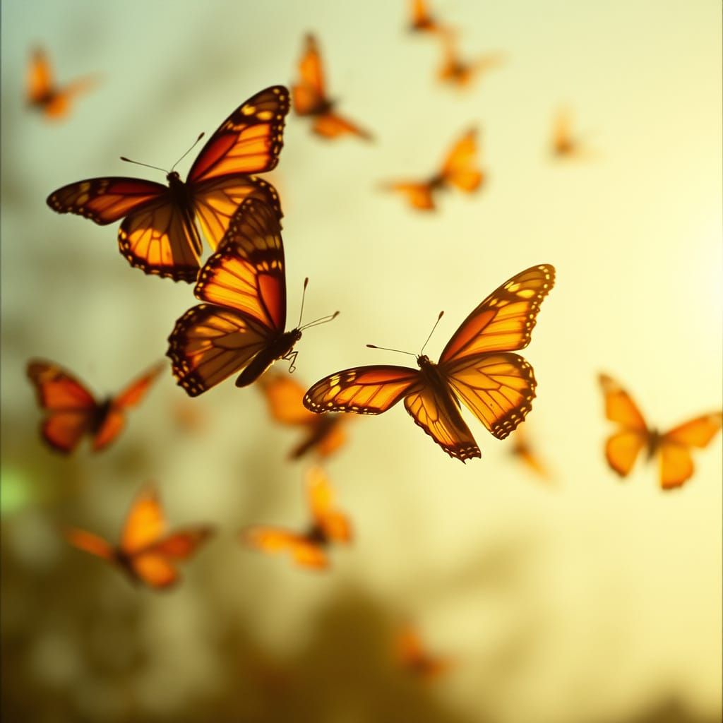 Vibrant Butterflies Soar into Warm Sunlight in Cinematic Sty...