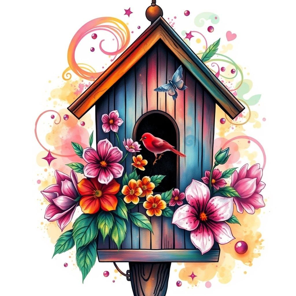 Birdhouse with Watercolor Tattoo Art and Floral Design