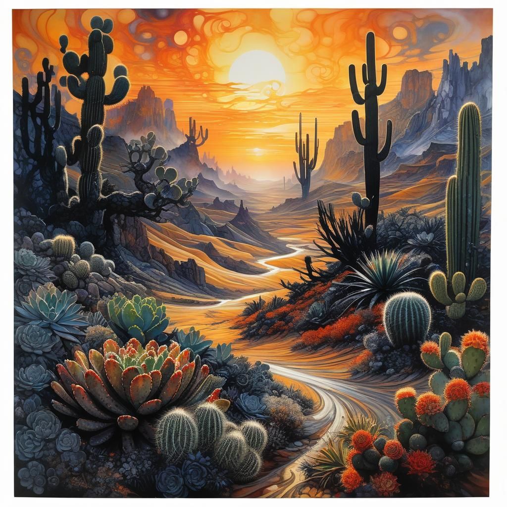 desert sunset, ink wash