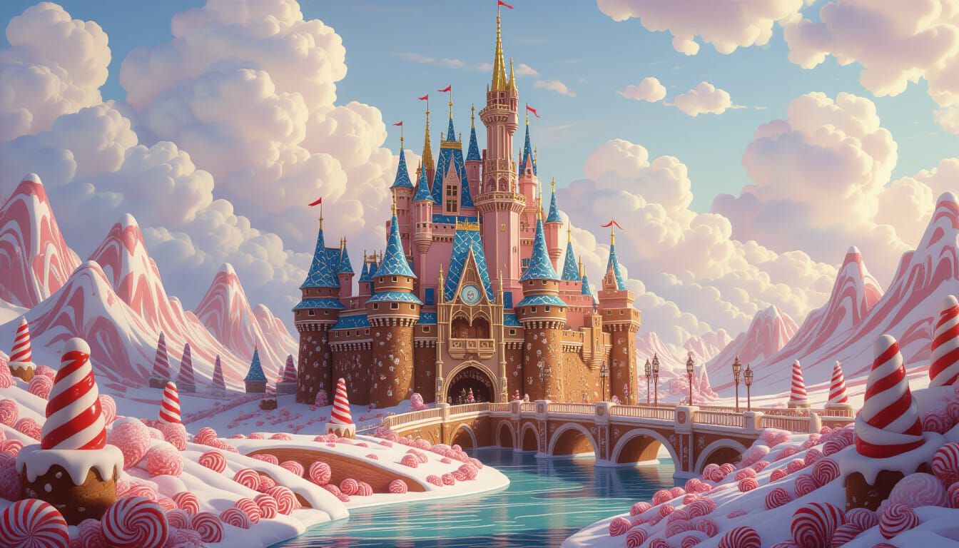 Giant Gingerbread Castle Amidst Peppermint Hills