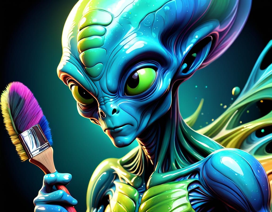Alien Artist with Brush in Cartoon Style
