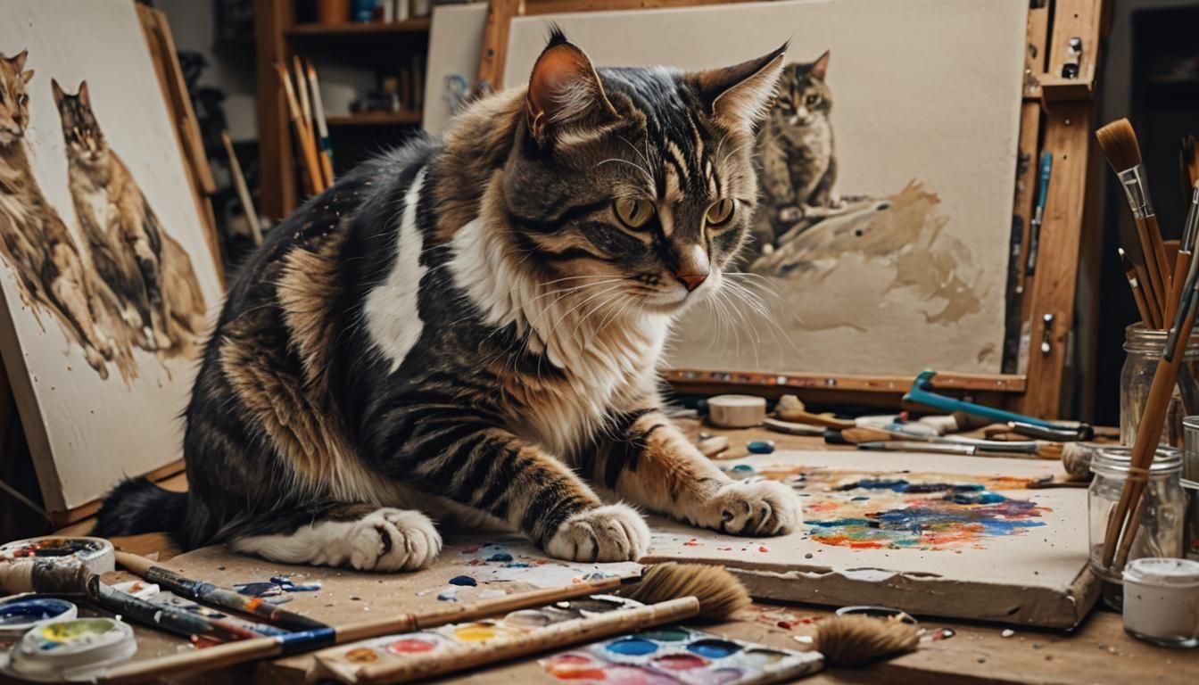 Hyperrealistic Cat Painting in a Cosy Art Studio