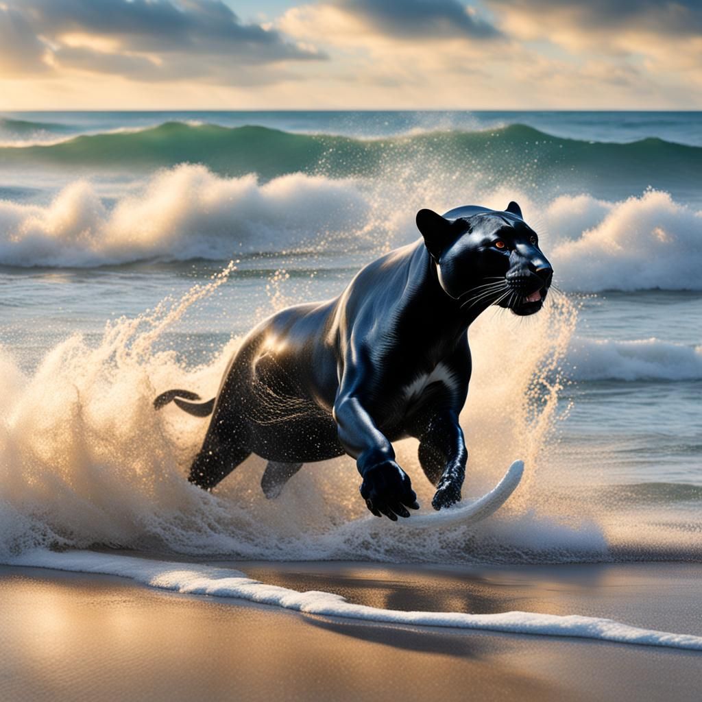 Black Panther Hunting Dolphin on Beach: Photorealistic