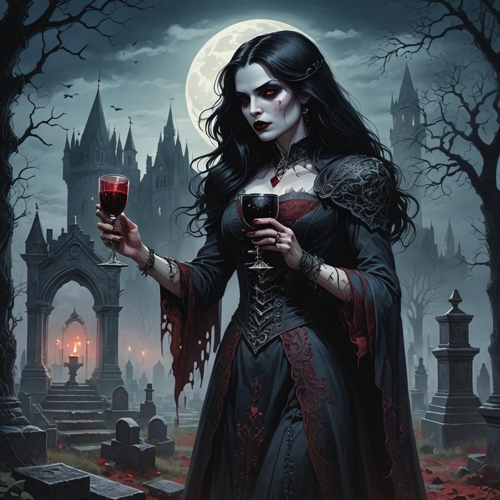 Gothic Vampire in Cemetery Castle: Dark Fantasy Art