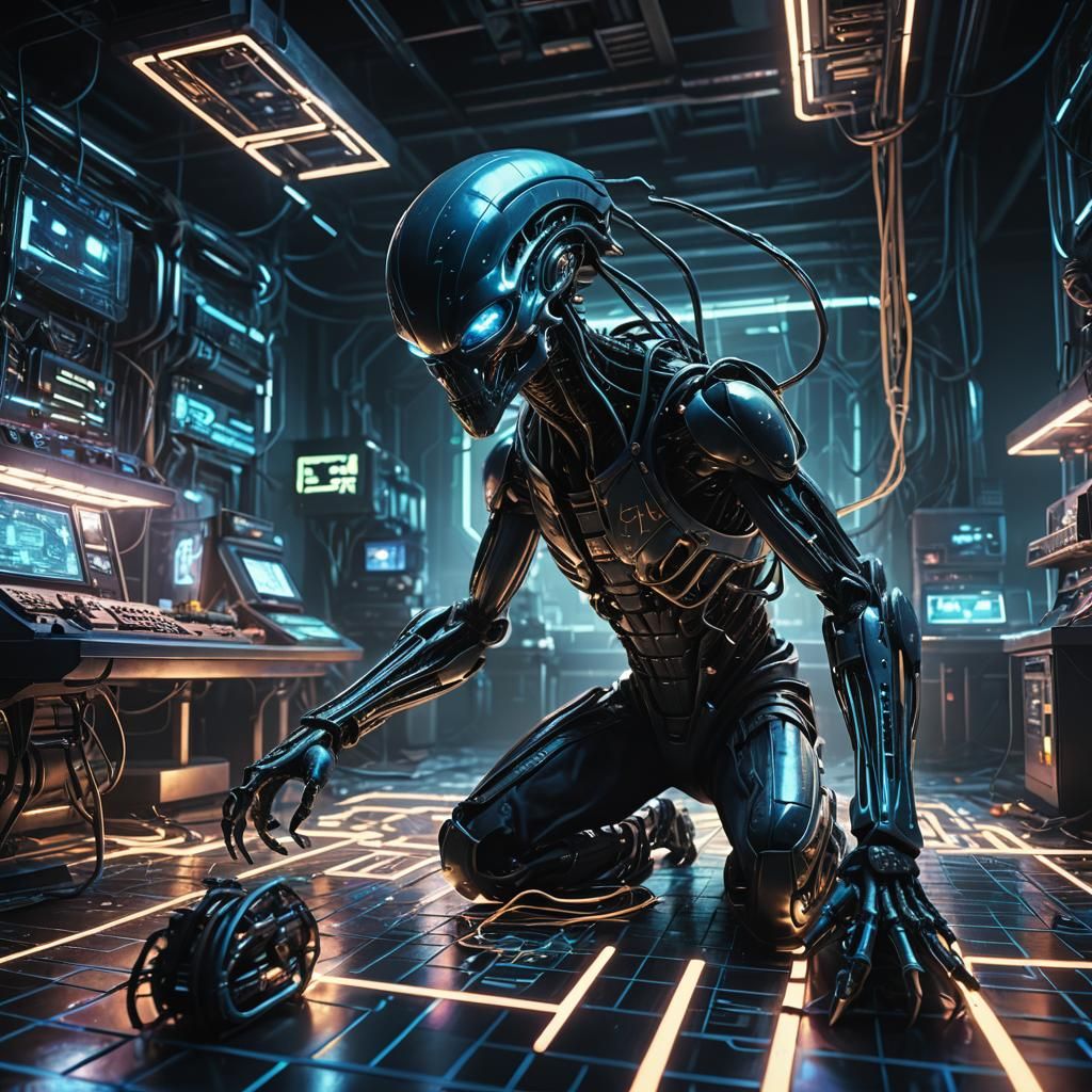Cyberpunk Laboratory Scene in Neon Blues and Metallic Grays