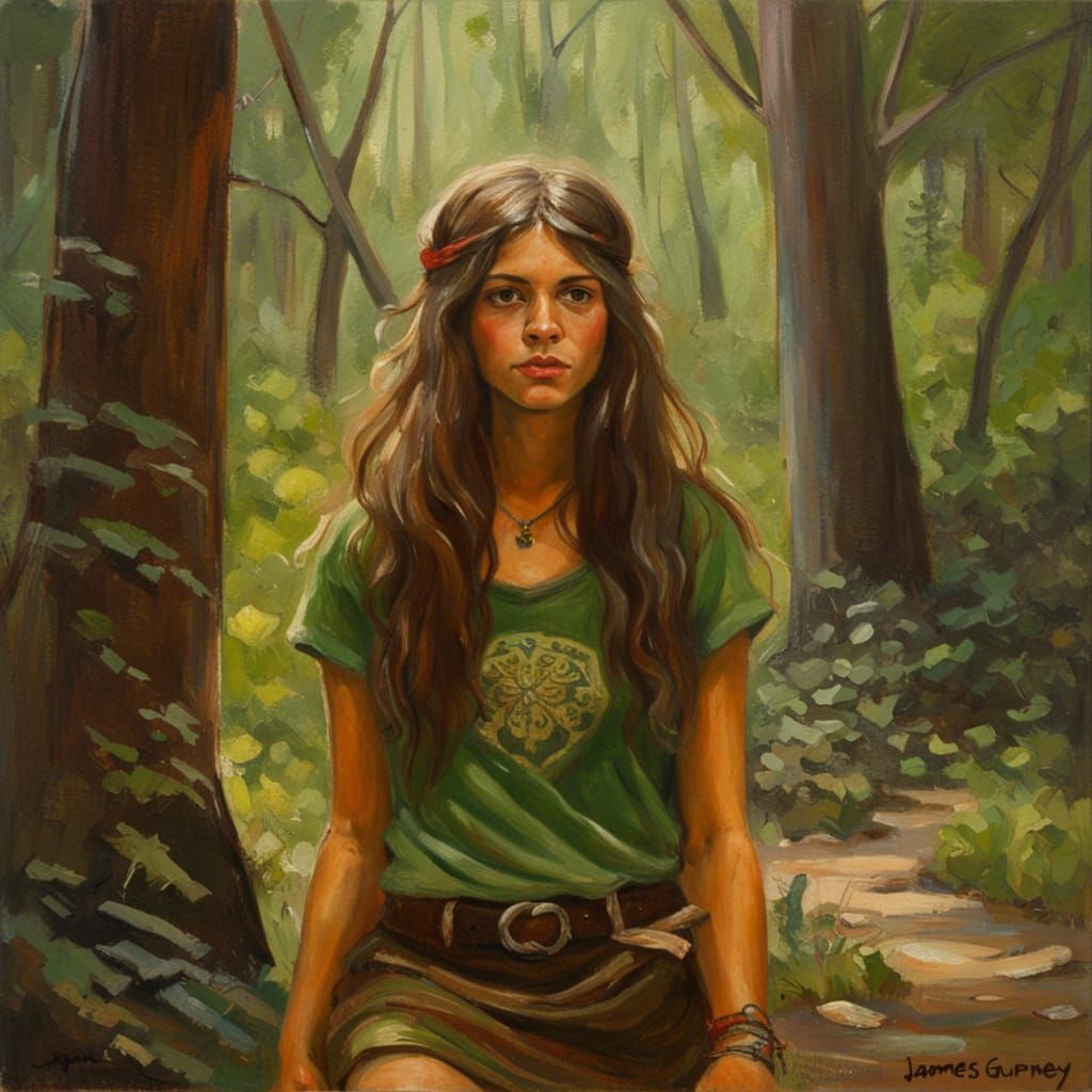 Hippie Girl in Wild Forest as Oil Painting