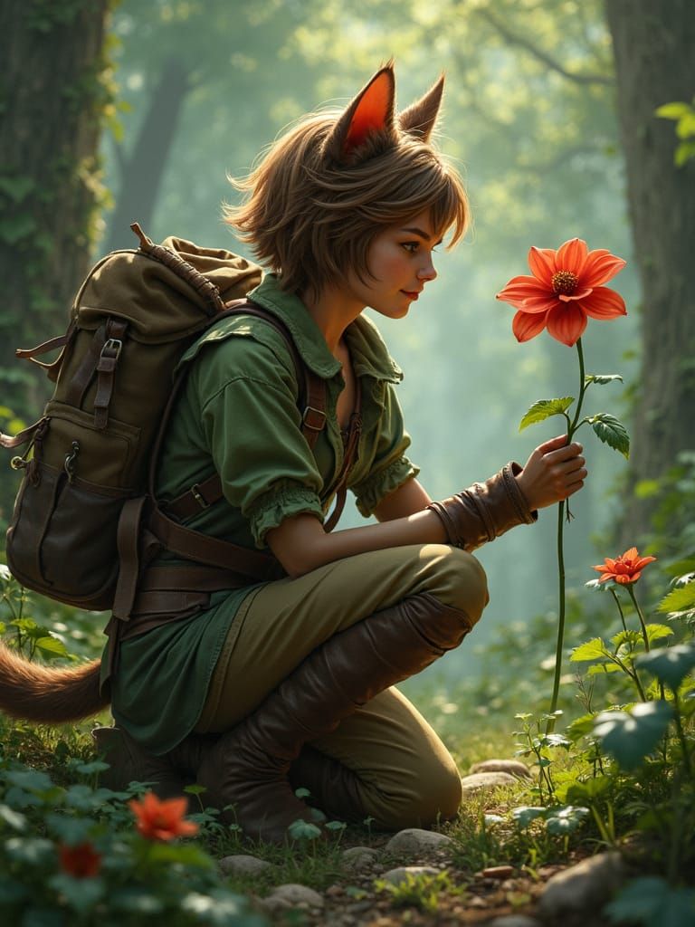 Catgirl Druid Investigates Red Flower in Forest
