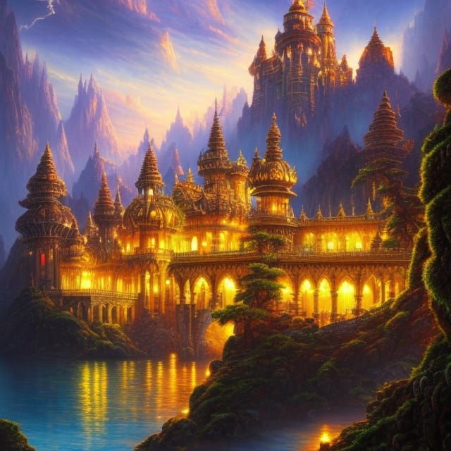 Fantasycore Castle Landscape Painting with Golden Masonry
