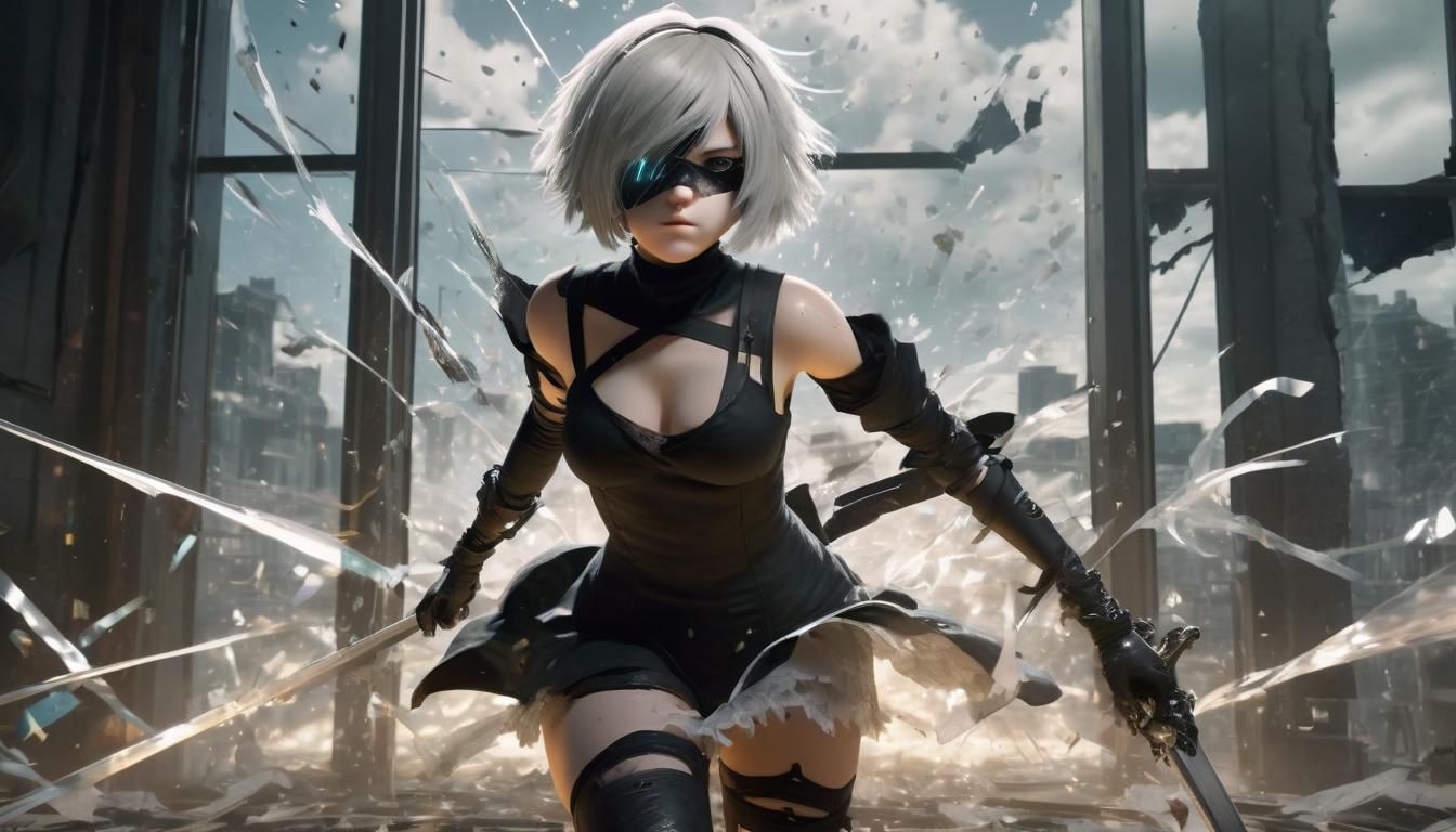 Nier Automata 2B Smashes Through Glass